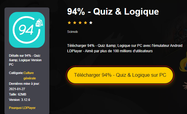 Installer 94% - Quiz & Logique sur PC